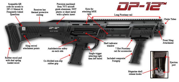 Standard Manufacturing Company has raised the bar with this extraordinary shotgun that truly is one of kind that was manufactured in a state of the art facility. The innovative design and guaranteed functionality is well ahead of its time. Extreme detail has been a priority from conception through production of these double barrel repeater shotguns.
The first of its kind, a premium defense, double barreled, pump, 12 gauge shotgun that quickly fires 16 rounds. Designed for the most discerning shooters who demand extreme firepower and require consistent reliability. The stock has a QR code you can scan with your smart phone or tablet to down load the manual and other information. Please be sure and fill out the warranty card and send it to Standard Manufacturing.
The spreader choke tubes are designed to shoot a devastating pattern at 25 yards. The choke tubes have Tru-Choke thread patterns. Some pictures show door breachers, these are sold separately.
The DP-12 provides accessory rails and slots that allow you to customize it with your own accessories.
